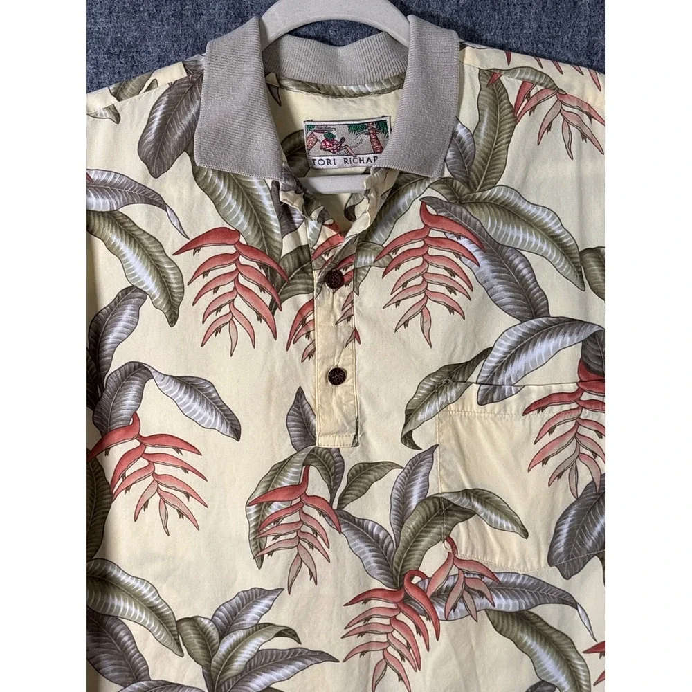 Tori Richard Mens Large Yellow Tropical Heliconia Palm Print Polo Hawaiian Shirt